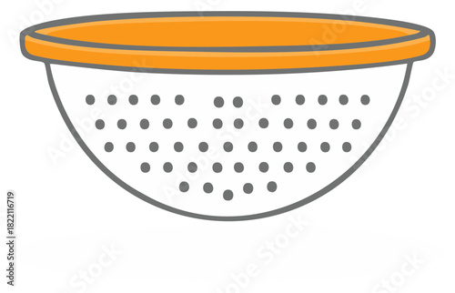 Orange rimmed colander with gray dots for draining food
