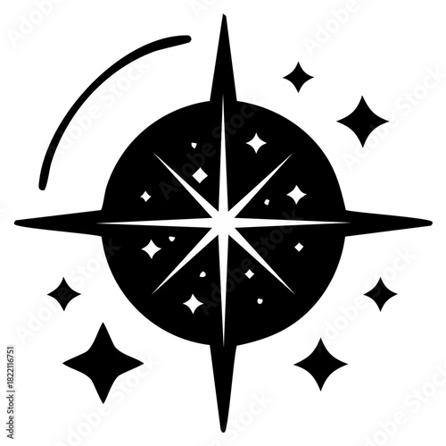Bold black silhouette of a sparkling celestial North Star, a magical symbol of guidance