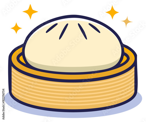 Delicious cartoon steamed bun in a traditional bamboo steamer with sparkling stars, fresh Asian food illustration