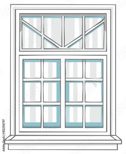 Classic White Window Frame Illustration with Multiple Panes and Decorative Sash
