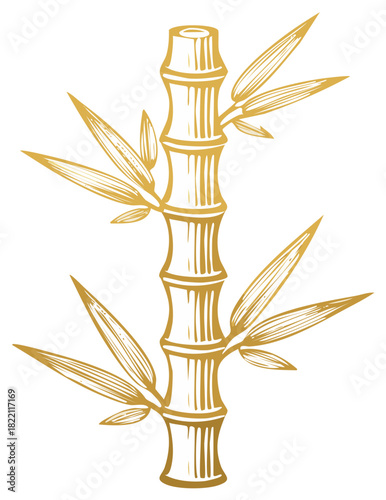 Elegant golden bamboo stem illustration with leaves, creating a calming and natural impression suitable for various design themes.