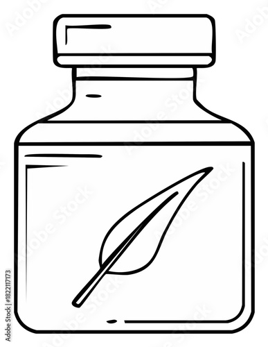 Ink bottle with feather drawing illustration. Symbol of writing, creativity, and inspiration, isolated.