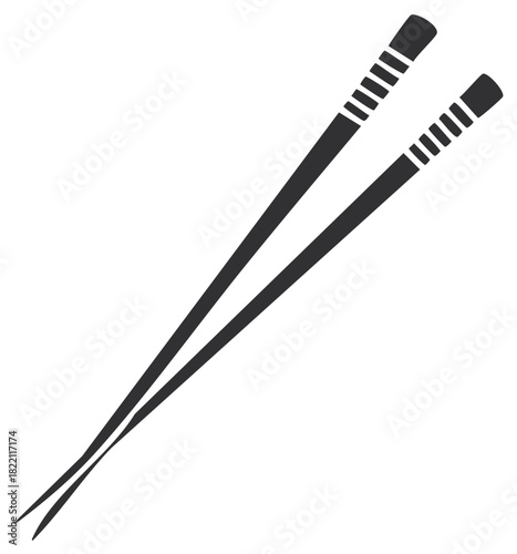 Stylized illustration of black chopsticks with striped handles on a clean background