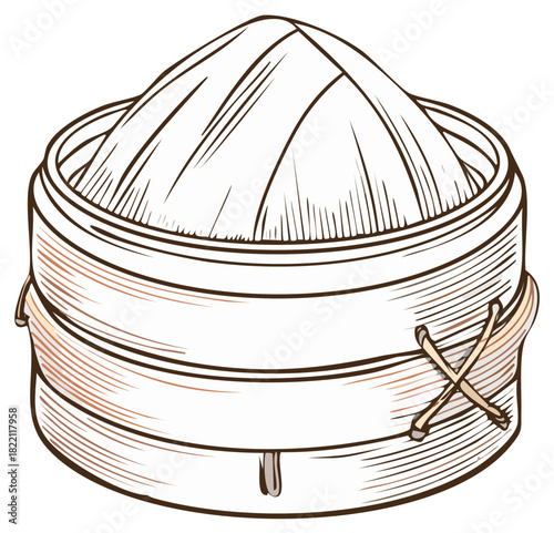 Traditional bamboo steamer with Asian food hand drawn vector illustration