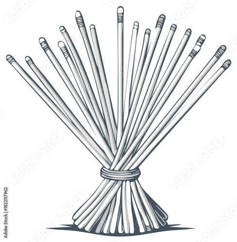 Bunch of uncooked spaghetti noodles tied together with a band as a food ingredient