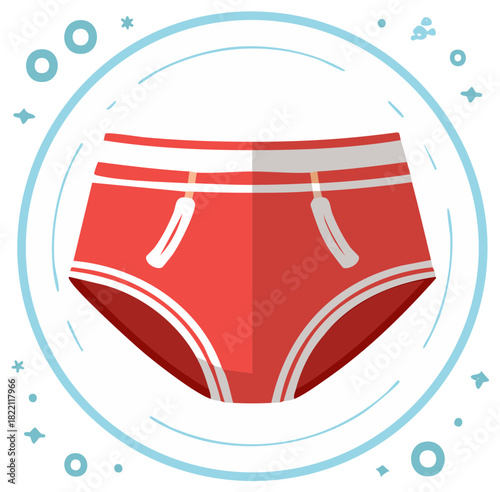 Red briefs with white stripes and a playful bubble border illustration