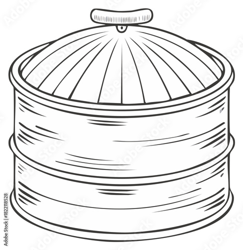 Sketch illustration of a traditional bamboo steamer with lid, Asian cuisine equipment for healthy food preparation