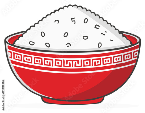 Cartoon Bowl of White Rice with Red Traditional Asian Bowl Design on white, Food Illustration, Staple food illustration