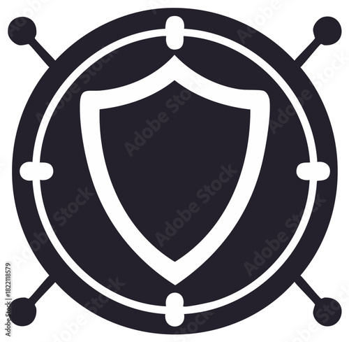 Digital Security Shield Icon Inside Circle with Radial Network Lines