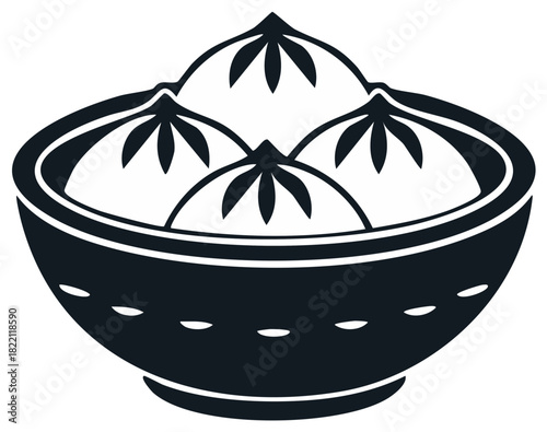 Steamed Dumplings in a Bowl: Asian Cuisine in Monochrome Illustration