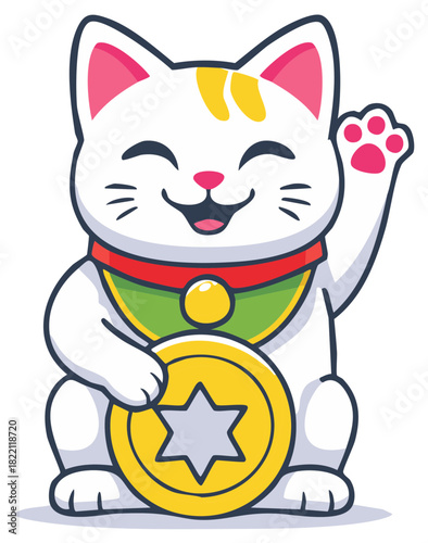 Smiling Maneki Neko white lucky cat illustration beckoning good fortune with a raised paw and a golden coin