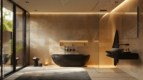 luxe modern bathroom with matte black fixtures, travertine stone walls, warm underlit glow, spa aesthetic, high-end hotel style, soft misty ambience, photorealistic