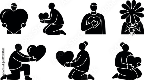 Love and Care Silhouettes Holding Hearts and Flowers Vector Illustration Black Icons