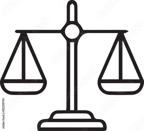 Simple line drawing of a balanced justice scale representing fairness and law