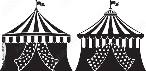 Two striped circus tents with flags silhouette