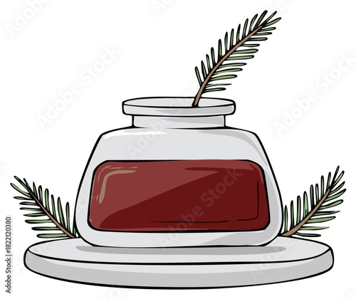 Vintage Inkwell with Red Ink and Quill Pen Feathers on Round Base Old Writing Tool