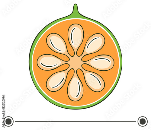 Cross section of a whole ripe citrus fruit with bright orange pulp and visible seeds isolated on white