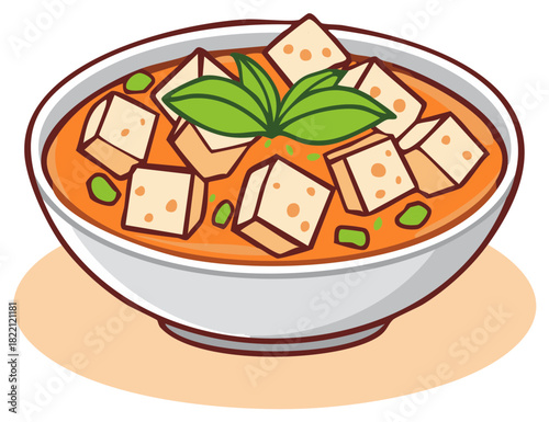 Cartoon bowl of tofu soup with basil leaves, healthy and delicious, vegan food concept.