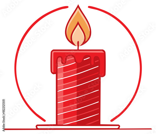Festive Red Candle, Bright Flame, Cartoon Graphic, Holiday Celebration, Vector Illustration.