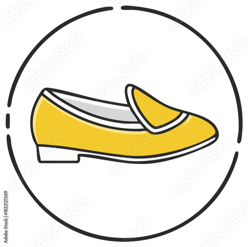 Single yellow loafer shoe illustration inside a circle with dashed outline