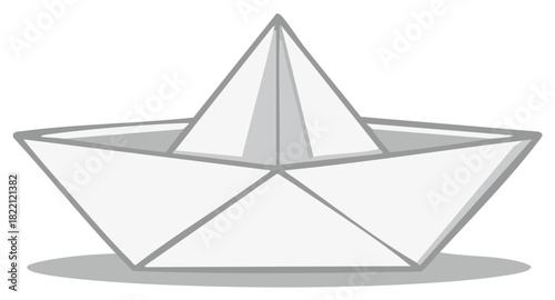 Simple white paper boat illustration with gray outline and shadow for graphic design