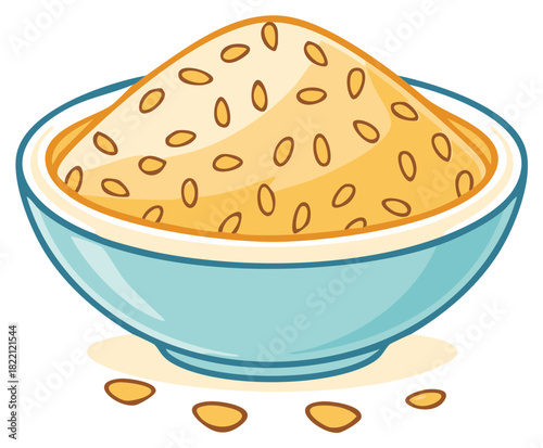 Cartoon illustration of a blue bowl overflowing with uncooked rice or cereal grains