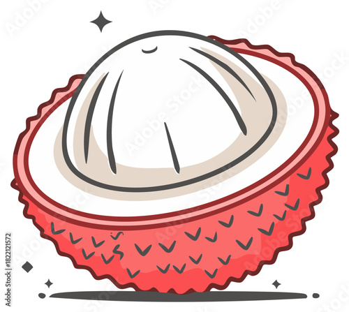 Half Lychee Fruit Drawing with Skin Detail and Fresh Interior, Isolated Tropical Fruit Illustration