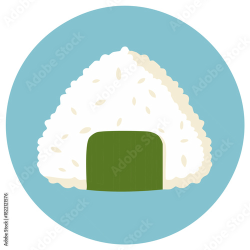 Stylized Onigiri Illustration Rice Ball with Nori Seaweed Wrapper on Blue Background