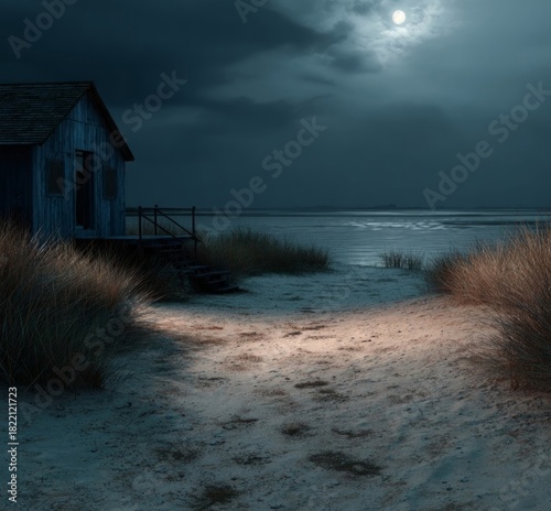 Mystic Moonlight Beach: A secluded beach bathed in the ethereal glow of moonlight, with an old cottage, inviting a sense of serenity.