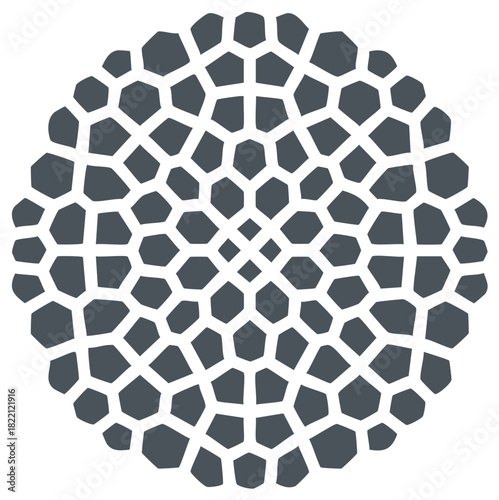Abstract Geometric Pattern Design Featuring Irregular Hexagons in a Radial Arrangement Dark Gray Tiles and White Grout Lines