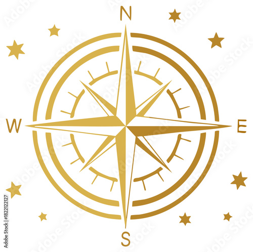 Golden Compass Rose with Stars Pointing North, South, East, and West