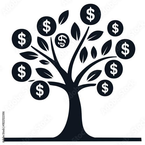 Silhouette money tree with dollar signs as fruit and leaves symbolizing growth and wealth