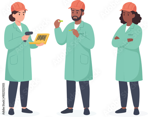 A group of factory workers in lab coats and safety helmets inspect items and scan barcodes as part of a quality-control process