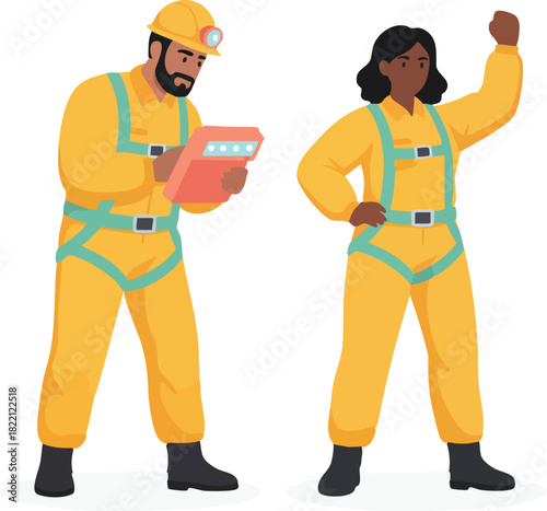 Two industrial workers in yellow protective suits and safety harnesses stand together, one holding a tablet and the other raising a confident fist, symbolizing teamwork and readiness