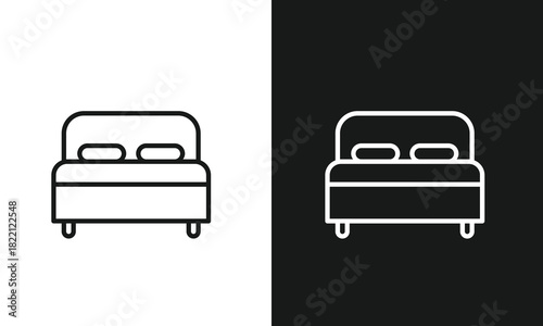 Double Bed Line Art Icon with Pillows for Hotel Accommodation, Bedroom Furniture, and Sleep Concepts