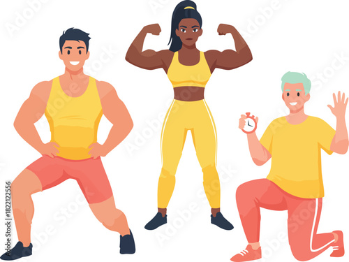 Three diverse fitness athletes demonstrate dynamic workout poses and coaching gestures in bright sportswear, conveying strength, motivation, and active training energy