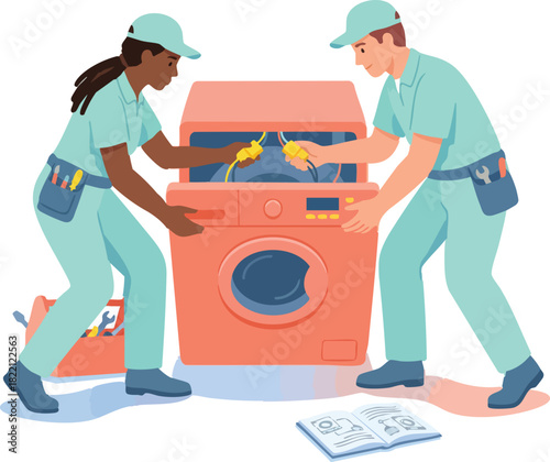 Two technicians in mint-colored uniforms repair a washing machine together, using tools and following a manual placed on the floor beside them