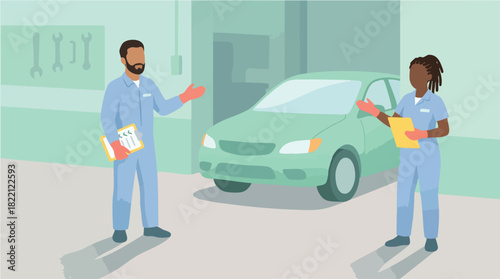 A male and female auto mechanic stand beside a green car in a workshop, discussing repair details while holding clipboards