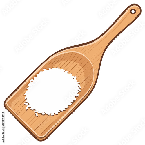 Wooden kitchen scoop filled with white sugar or salt granular ingredient illustration