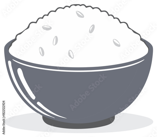 Simple grayscale vector graphic of a full bowl of cooked white rice a staple food