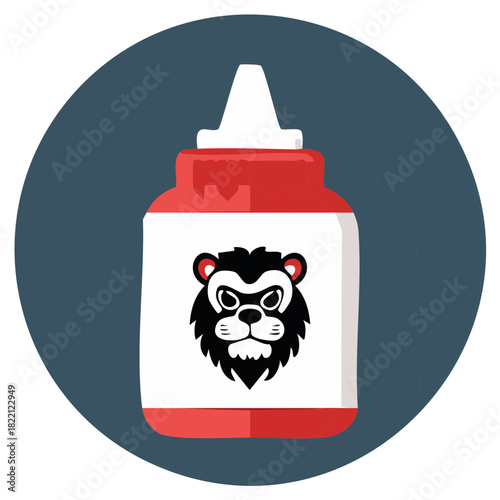 Red plastic bottle with a fierce lion face logo graphic illustration