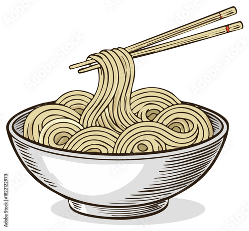 Noodle bowl and chopsticks illustration. Asian food concept.