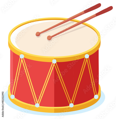 Cartoon red drum with drumsticks, music instrument for band and orchestra