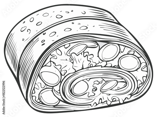 Detailed food wrap cross section line art illustration showing fresh ingredients