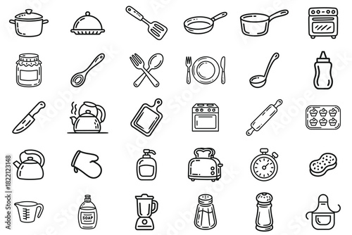 A cute kitchen doodle icon set featuring 30 hand-drawn cooking and baking elements, including pots, pans, cutlery, knives, whisks, kettles, appliances, jars, trays, timers, cleaning tools, gloves.