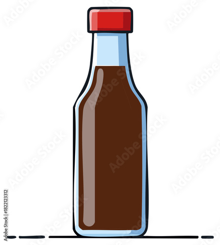 Illustration of a glass bottle with dark brown liquid and a red cap, isolated on a white background
