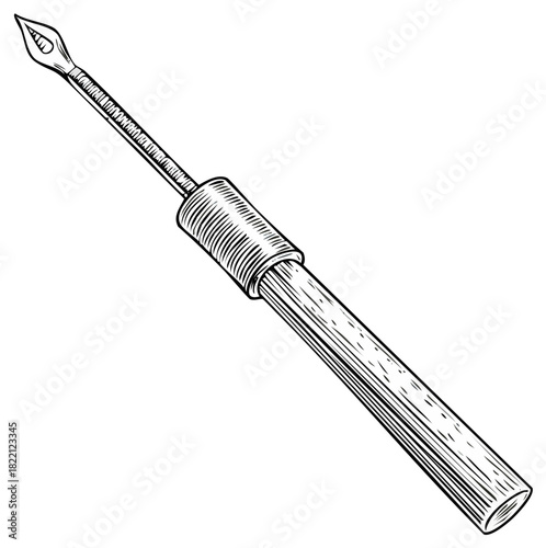 Classic Engraved Style Dip Pen with Wooden Handle and Metal Nib Illustration