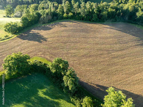 Aerial view of Swiss landscape with fields, meadows and forests in morning sunlight on a summer day.