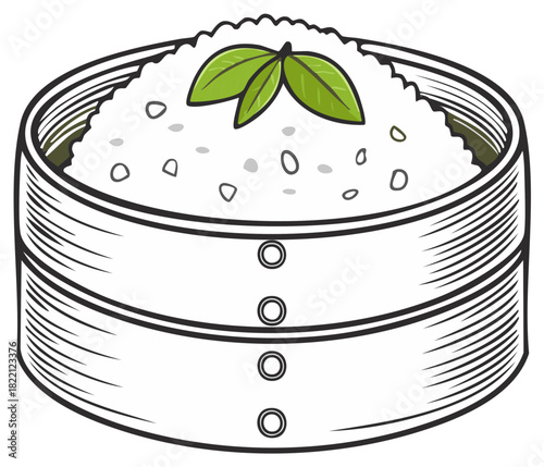 Steamed Rice in Bamboo Cooker with Green Leaves