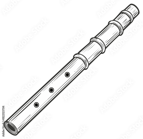 Line art illustration: wooden flute with finger holes for music production
